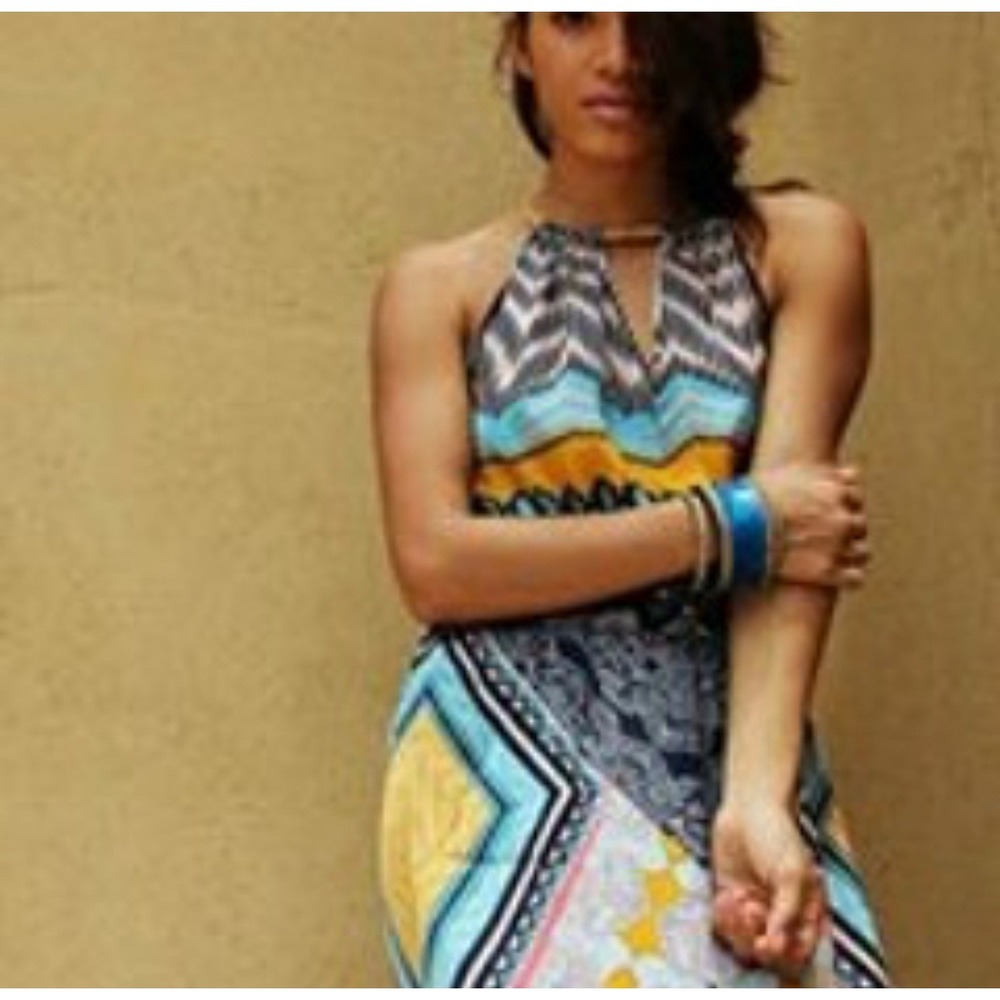 Boho Tribal Print Maxi Dress Size XS/S Halter Neck,‎ Keyhole Front Hippie Gypsy